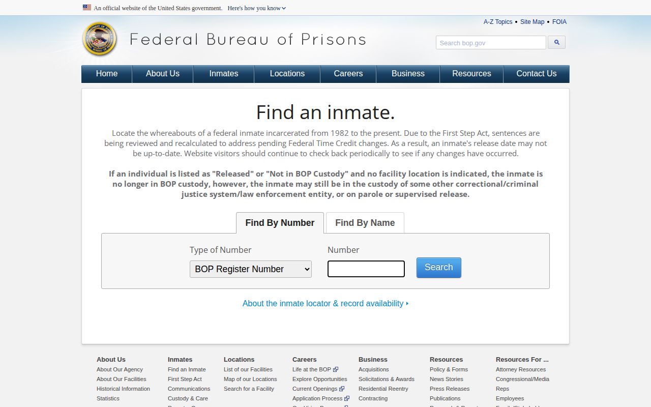 Federal BOP locator for a Cape May County released inmate