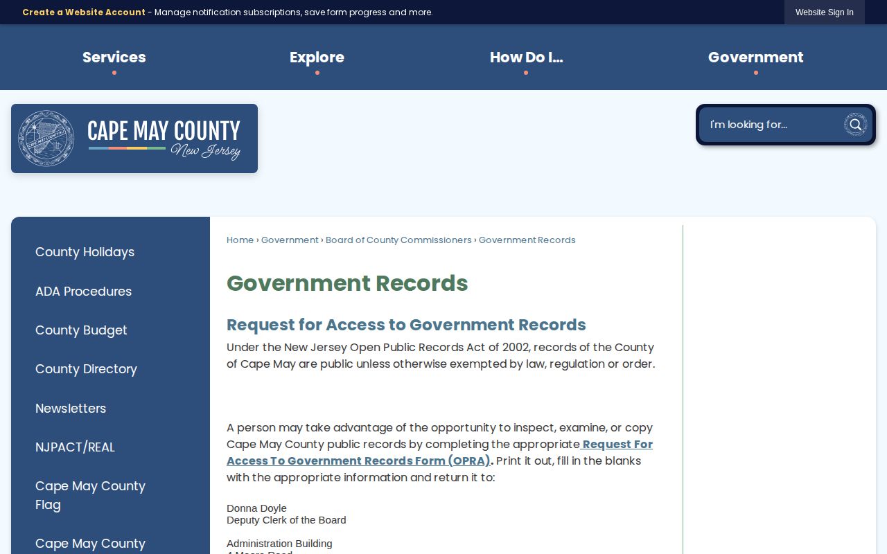 Cape May County released inmate OPRA record request page