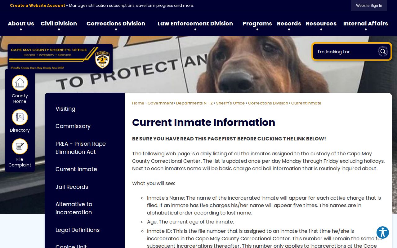 Cape May County current inmate list release record limitations