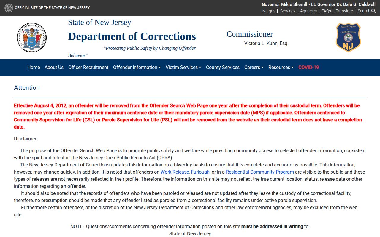 NJDOC Cape May County released inmate offender search disclaimer